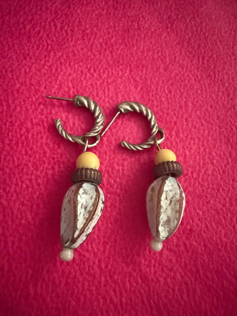 Brown & Cream Bead Drop Hoop Earrings